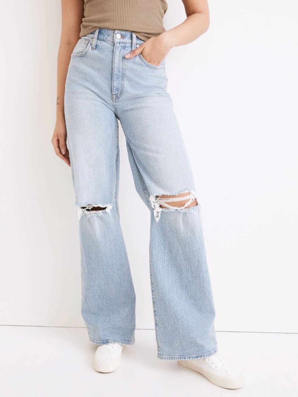 Madewell Petite Super Wide Leg Distressed Knee High Rise Stretch Jeans, size 24P